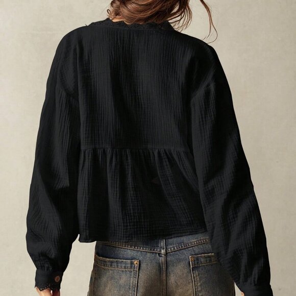 Black Casual Women's Woven V-Neck Lantern Sleeve Lace Trim Loose Fit Blouse - Picture 7 of 8